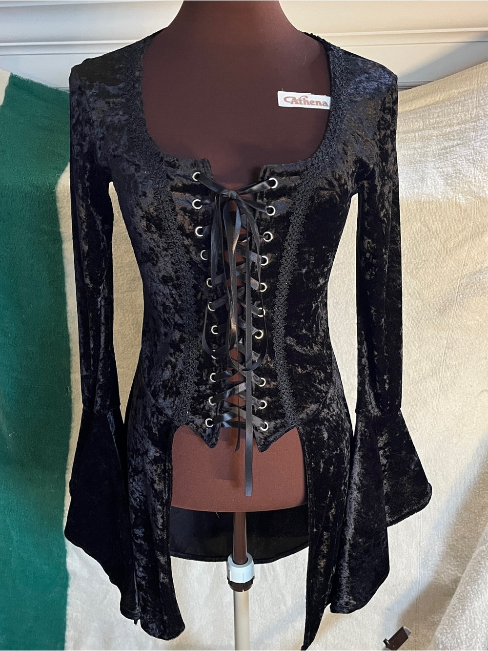 Vintage 1990s Lip Service Black Crushed Velvet Corset Lace-Up Front Top Small